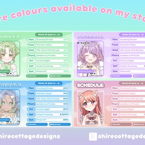 May include: Four colorful digital illustrations of anime-style characters with different hair colors and outfits. Each illustration is framed with a light blue border and includes a schedule for the week of June 10-17. The schedule includes activities like drawing streams, Stardew Valley, and Animal Crossing. The text "shirecottagedesigns" is included at the bottom of the image.