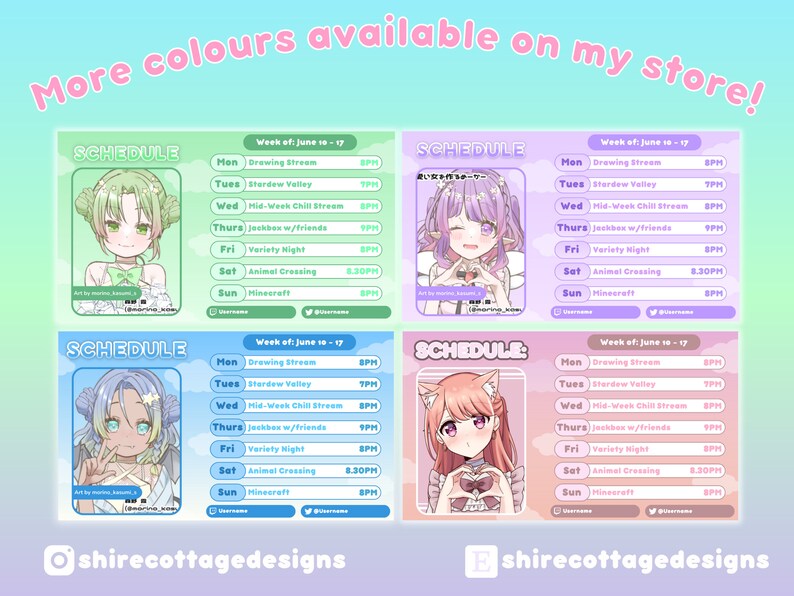 May include: Four colorful digital illustrations of anime-style characters with different hair colors and outfits. Each illustration is framed with a light blue border and includes a schedule for the week of June 10-17. The schedule includes activities like drawing streams, Stardew Valley, and Animal Crossing. The text "shirecottagedesigns" is included at the bottom of the image.