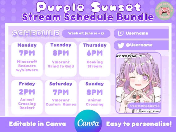 Purple Sunset Stream Schedule, Editable Stream Schedule, Twitch package, Purple twitch accessories, purple stream schedule, cute stream pack