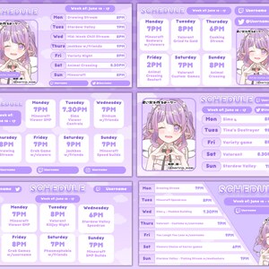 May include: A purple and white schedule for a streamer with a cartoon character in the corner. The schedule lists the days of the week and the times for different activities, including gaming, drawing, and cooking.