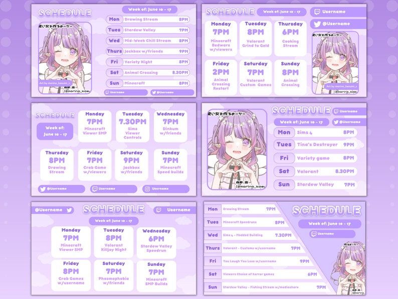 May include: A purple and white schedule for a streamer with a cartoon character in the corner. The schedule lists the days of the week and the times for different activities, including gaming, drawing, and cooking.