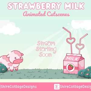 Strawberry Milk Cow Animated Cutscenes, Animated Overlays, Cow Stream Pack, Animated Twitch Overlays, Kick Overlays