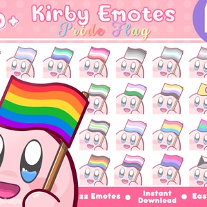 Op de afbeelding: Roze digitale illustratie met Kirby-achtige personages die verschillende Pride-vlaggen vasthouden. De afbeelding bevat de tekst "20+ Kirby Emotes Pride Flag" en informatie over direct downloaden en eenvoudige installatie. Een regenboogvlag is prominent aanwezig.