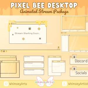 Peut inclure: Un pack de diffusion animé sur le thème de l'abeille en pixel art pour Twitch ou YouTube. Le pack comprend divers éléments, tels qu'un écran de début de diffusion, des fenêtres de chat, de nouveaux bits, un nouveau follower, un nouvel abonné, discord et les réseaux sociaux. Le pack est conçu dans un schéma de couleurs jaune et orange avec un effet de goutte de miel.