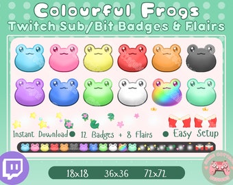 May include: A set of 12 colorful frog Twitch badges and 8 matching flairs. The badges are 18x18 pixels, 36x36 pixels, and 72x72 pixels. The flairs include stars, flowers, and a frog on a lily pad. The text "Instant Download", "12 Badges + 8 Flairs", and "Easy Setup" is included in the image.