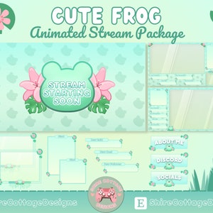 Może przedstawiać: Zielony i różowy animowany pakiet streamingu z uroczą żabą z tekstem "CUTE FROG Animated Stream Package" i "STREAM STARTING SOON".