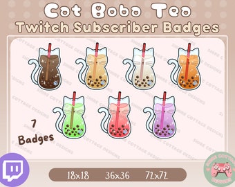 May include: Set of seven Twitch subscriber badges featuring cartoon cats holding cups of boba tea in various colors, including brown, beige, green, red, and purple. The badges are labeled with the text "1 Badges" and the dimensions "18x18", "36x36", and "72x72".