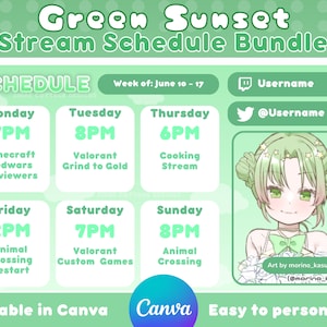 May include: Green and white stream schedule template with a cartoon illustration of a girl with green hair and a green bow. The template includes a schedule for each day of the week with times and activities. The text "Green Sunset Stream Schedule Bundle" is at the top of the template. The text "Editable in Canva" is at the bottom left of the template. The text "Canva" is at the bottom center of the template. The text "Easy to personalise!" is at the bottom right of the template.