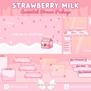 Strawberry Milk Stream Package, Animated Overlays. Cow Emotes, Cow Stream Pack, Twitch Package, Animated Emotes