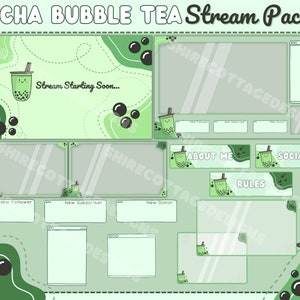 May include: A green and white Twitch stream package featuring a matcha bubble tea theme. The package includes a stream starting soon screen, a new follower alert, a new subscriber alert, a new donor alert, an about me panel, a socials panel, and a rules panel. The package also features a green and white bubble tea character.