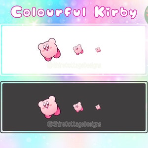 May include: A digital art print featuring the text "Colourful Kirby" above two rectangular panels. The top panel is white, the bottom is black, each with pink Kirby characters in varying sizes. A logo with a game controller is in the upper right.