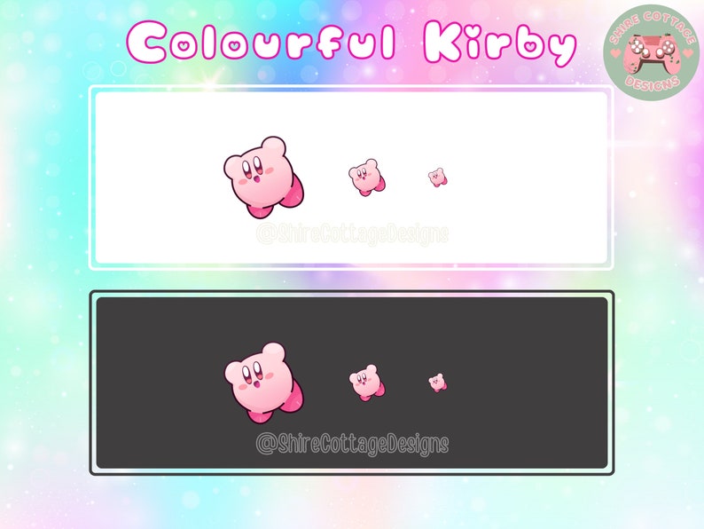 May include: A digital art print featuring the text "Colourful Kirby" above two rectangular panels. The top panel is white, the bottom is black, each with pink Kirby characters in varying sizes. A logo with a game controller is in the upper right.