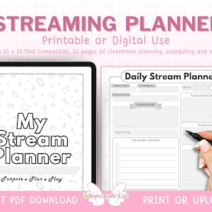 May include: A printable or digital streaming planner with a cover featuring the text "My Stream Planner" and the words "Purpose. Plan. Play." The planner includes a daily stream planner page with sections for start time, category, stream date, stream goals, top priority, pre-stream checklist, mood, announcement message, and stream tags.