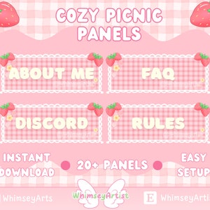 Cozy Picnic Panels, twitch panels, cottage core stream pack, cottage core panels, picnic stream pack, strawberry stream panels, Kick panels