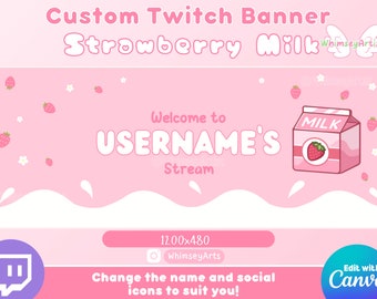 Strawberry Milk Editable Stream Banner, Custom Twitch Banner, Strawberry Milk Twitch Accessories,