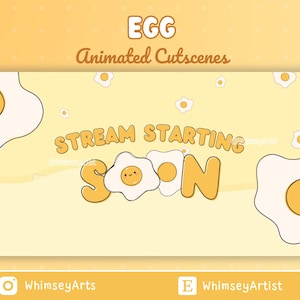 May include: A yellow and white animated stream starting soon banner with a cartoon egg design. The text "STREAM STARTING SOON" is in a yellow and white font with a cartoon egg design. The banner has a yellow background with white polka dots.