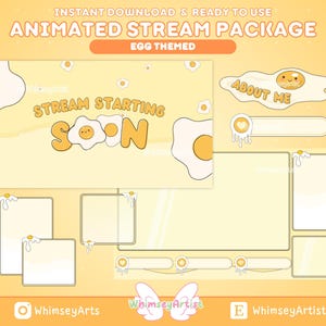 May include: Animated stream package with an egg theme. The package includes a stream starting soon overlay, an about me panel, and several panels for different purposes. The panels are decorated with cartoon eggs.