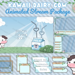 Kawaii Milk Cow Stream Package w/Animated Cutscenes, Kawaii Twitch Pack, Cow Emotes, Animated Overlays, Milk Twitch, Twitch Assets, Streamer