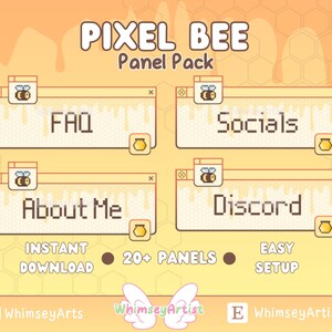 以下が含まれることがあります： ピクセル化されたミツバチのデザインを特徴とする、TwitchまたはDiscord用のパネルパックのデジタルイラスト。パネルパックには、「FAQ」、「ソーシャル」、「私について」、「Discord」というテキストが書かれた4つのパネルが含まれています。パネルは、ハニカムパターンと垂れ下がったハチミツで、黄色と白です。画像の上部には「PIXEL BEE Panel Pack」というテキストがあります。
