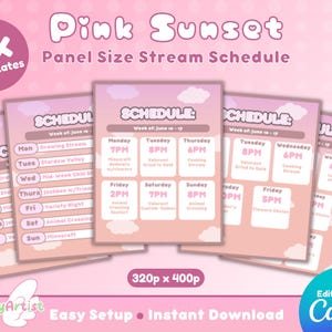 Peut inclure: Cinq modèles de planning de diffusion imprimables roses et blancs avec un fond de coucher de soleil rose. Chaque modèle mesure 320 pixels par 400 pixels et présente un planning hebdomadaire avec les jours de la semaine et les heures. Le texte "Pink Sunset Panel Size Stream Schedule" est en haut de l'image. Le texte "Editable with Canva" est en bas de l'image.