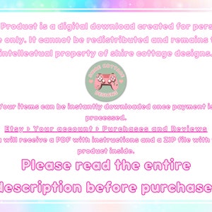 May include: A digital download product with text in pink and white on a pastel background. The text includes information about personal use, Etsy purchases, and a request to read the description before purchase. A logo with a pink controller is also present.