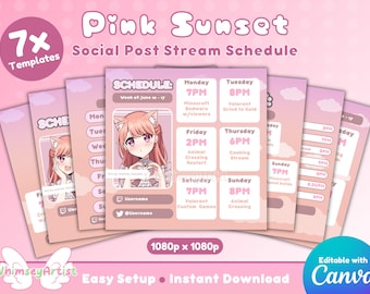 Pink Sunset Editable Social Post Stream Schedule | Personalised Stream Schedule, Twitch Schedule, Stream Package, Twitch Panels, Pink Stream