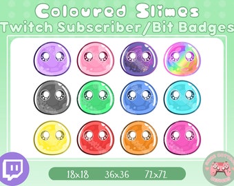May include: Twelve colorful slime character Twitch subscriber or bit badges in various colors including purple, pink, gray, green, blue, turquoise, yellow, red, and orange. The badges are in three sizes: 18x18, 36x36, and 72x72.