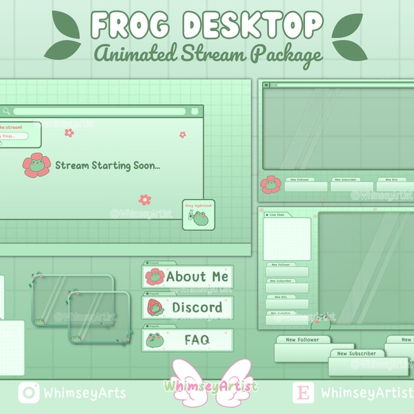 Frog Desktop Animated Stream Package, Desktop Themed Twitch Pack, Frog Emotes, Kawaii Frog Twitch, Animated Overlays