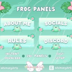 Könnte beinhalten: Ein Satz von vier grünen und weißen Twitch-Panels mit Cartoon-Fröschen und Text, der "Über mich", "Soziale Medien", "Regeln" und "Discord" lautet. Die Panels sind vor einem hellgrünen Hintergrund mit rosa Blumen und grünen Blättern platziert.