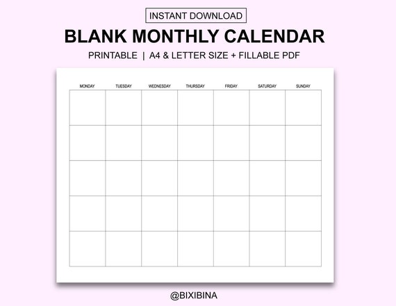 Monthly Calendar Printable Minimalist Blank Horizontal - Etsy