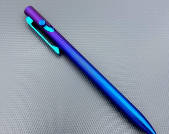 Tactile Turn - Titanium Slim Bolt Action Standard Size Pen - Blue to Purple Ano Fade  w/Tribal pattern clip, Teal bolt & Blue Bolt screw