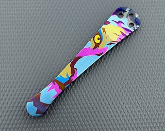 3d milled Titanium clip for Spyderco Paramilitary 2 in Tiger pattern (blue, violet, & gold)