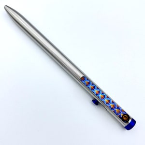 Tactile Turn - Titanium Slim Bolt Action Standard Size Pen Custom J-wave Pattern clip w/color contrasted cap, screw, & bolt.