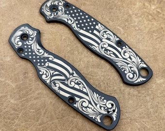 Cachas de titanio con diseño personalizado de la bandera de EE. UU. y motivos ornamentales para la Spyderco Paramilitary 2 C81GP2.