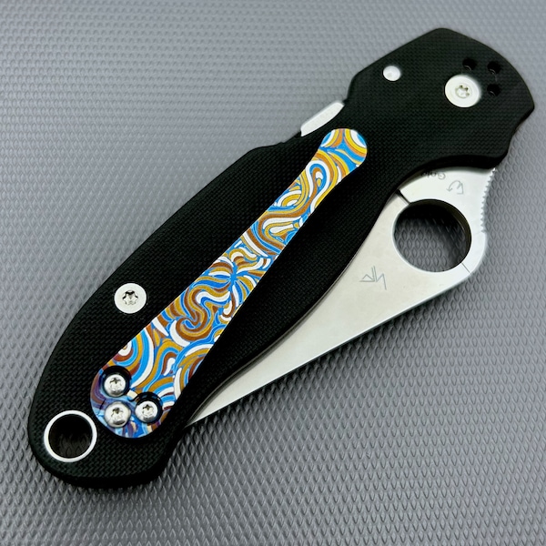 3d milled Titanium clip for Spyderco Para 3 in Wavy Gravy pattern - Bronze and Blue tones - Fits Manix G10 & Paramilitary 2 also.