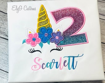 Unicorn Bday shirt, customized embroidery applique kids shirt.