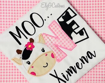 Cow birthday outfit / farm birthday / Skirt, Bow & T-Shirt/ Embroidery Applique T-shirt / Cow Girl / Moo One/ One Year/ first year