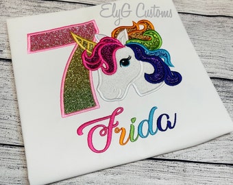 Rainbow Unicorn Birthday Shirt - Unicorn birthday shirt - Girls Birthday Shirt -  Applique Unicorn Any Age