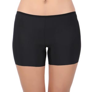 May include: Black shorts with a smooth, seamless design. The shorts are made of a stretchy material and have a fitted silhouette. The waistband is a solid black color. The shorts are designed to be worn as undergarments or activewear.