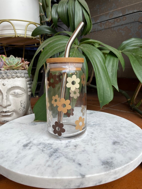 Retro Flower Glass Cup | Iced Coffee Glass Cup | Glass Can Cup | Coffee Cup | Coffee Glass