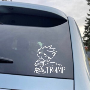 Calvin Peeing on Trump, Die Cut Vinyl Vehicle Window Sticker Decal.