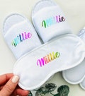 Children spa slippers | personalised pamper party set | rainbow pamper party slippers gift sets | pamper slippers sleep masks gift bag product logo