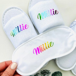 Children spa slippers | personalised pamper party set | rainbow pamper party slippers gift sets | pamper slippers sleep masks gift bag