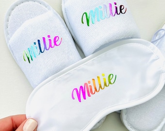 Children spa slippers | personalised pamper party set | rainbow pamper party slippers gift sets | pamper slippers sleep masks gift bag