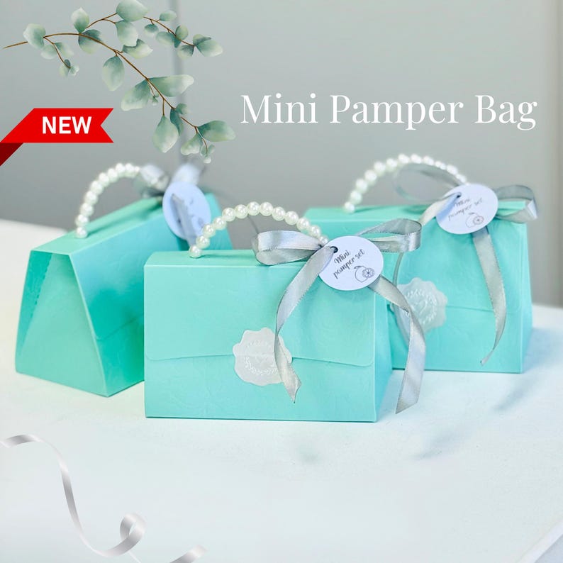 May include: Three turquoise gift bags with pearl handles and silver ribbon bows. Each bag has a white label and a decorative sticker. The bags are labeled "Mini Pamper Bag" and are marked "NEW".
