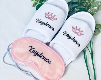 Pamper slippers | Personalised slippers for adults and kids | Princess slippers and eye masks for girls | bridesmaids personalised slippers