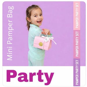 May include: A young girl smiles while holding a pink Mini Pamper Bag with a white ribbon and a gold seal. The bag has a handle and is labeled "Pamper Party Set" on the side. The word "Party" is displayed in large, pink letters.