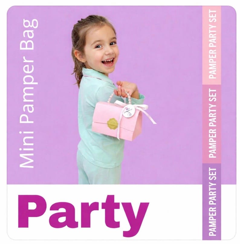May include: A young girl smiles while holding a pink Mini Pamper Bag with a white ribbon and a gold seal. The bag has a handle and is labeled "Pamper Party Set" on the side. The word "Party" is displayed in large, pink letters.