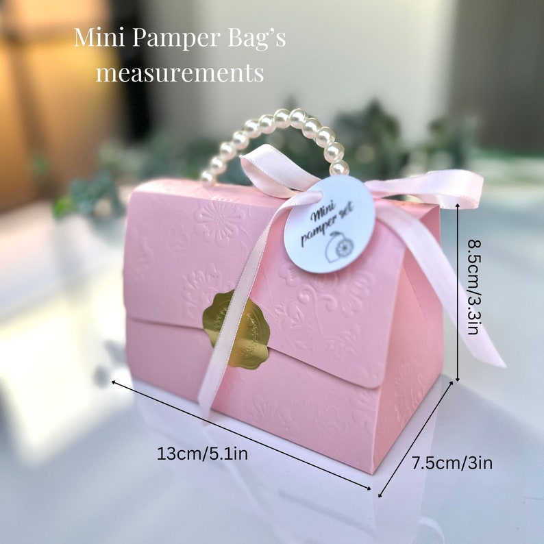 May include: A pink gift box with embossed floral patterns, a pearl handle, and a ribbon. The box is labeled "Mini Pamper Set" and measures 5.1 inches long, 3 inches wide, and 3.3 inches high.