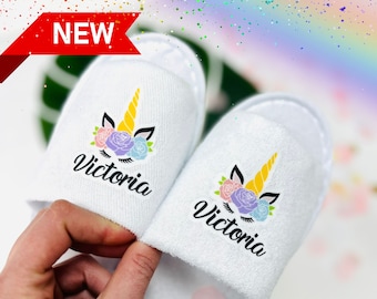 Pamper slippers | Unicorn personalised slippers for girls | slumber party slippers |slippers for sleepover, unicorn theme slippers for girls